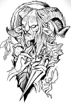 a black and white drawing of a demon with horns on it's head, surrounded by flowers