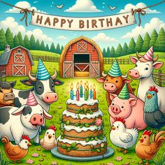 a birthday card with farm animals and cake