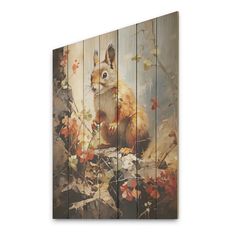 a painting of a fox sitting on top of a wooden fence with leaves and flowers around it