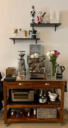 a coffee bar with shelves on the wall