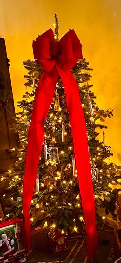 a christmas tree is decorated with red ribbon