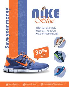 an advertisement for nike's new running shoe, which is available in blue and orange