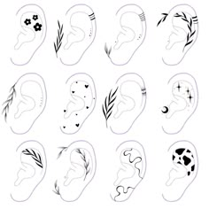 the different types of ear piercings are shown in black and white, with flowers on them