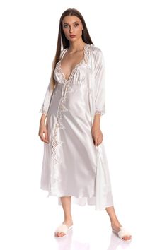 Satin nightwear set with Nightdress, Dressing Gown, Babydoll, Shorts, and Pajamas in total it is 6 pieces all designed and manufactured to ensure a matching look. Made of finest, softest and smoothest satin fabric. It is great for gifting to loved ones or to feel gifted! There are three options for the color; pearl white, blush and black please specify your color preference. White Satin Bedtime Set, White Satin Sleepwear Set, Fitted Satin Night Sets, White Satin Sleepwear Gown, Elegant White Bedtime Set, Satin Lace Trim Sets For Wedding Night, Satin Sets With Lace Trim For Wedding Night, White Satin Sleep Gown, Elegant Lace Trim Sleep Sets