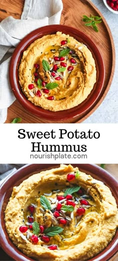 sweet potato hummus in a red bowl and on a wooden platter with fresh herbs