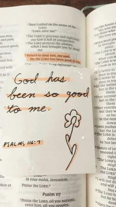 an open bible with the words god has been so good to me