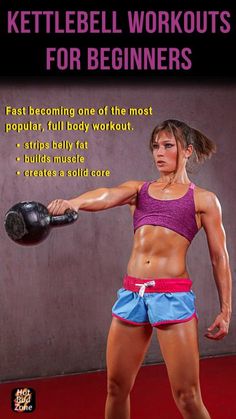 the kettlebell workouts for beginners poster shows a woman holding a kettlebell