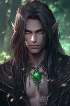 a male elf with green eyes and long black hair