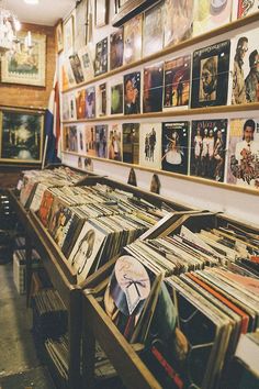 there are many records on the shelves in this store that is filled with vinyl records