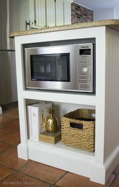 a microwave oven sitting on top of a white shelf