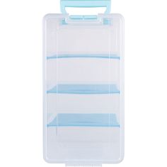 an empty plastic container with three shelves on the front and one shelf in the back