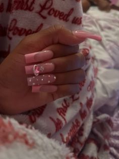 Gel D Nails, Pink Acrylic Nails With Cross, Long Square Acrylic Nails Valentines, Pink Chrome Hearts Nails, Pink Set Nails, Pink Chrome Heart Nails, Acrylic Nails Ideas Pink, Chrome Valentine Nails, Pink Chrome French Tip Nails