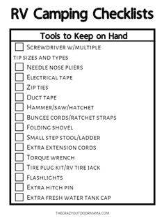 the rv camping checklist is shown in black and white