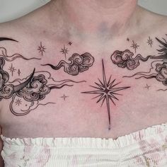 Whimsical Neck Tattoo, Whimsical Collar Bone Tattoo, Chest Tattoos Aesthetic, Whimsical Shoulder Tattoo, Celestial Chest Tattoo Female, Sun And Moon Chest Tattoo Female, Celestial Chest Tattoo, Underboob Tattoos For Women Unique, Astral Tattoos