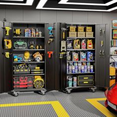 a car is parked in front of two metal storage cabinets with tools and other items on them