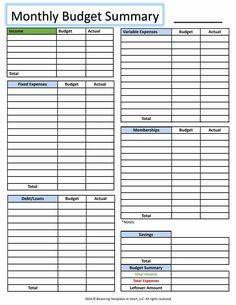 a printable budget sheet with the words,'money budget sumary'in it