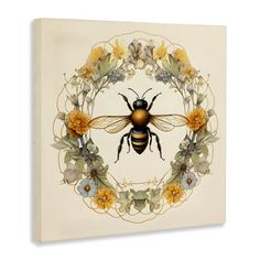 a painting of a bee surrounded by flowers on a white background canvas wall art print