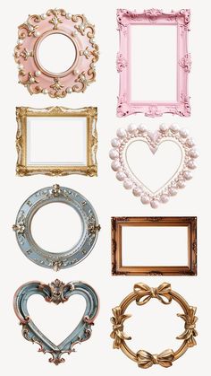 six different frames with hearts and flowers on them, all in pink and blue colors