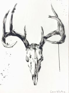 a black and white drawing of a deer's head with antlers on it