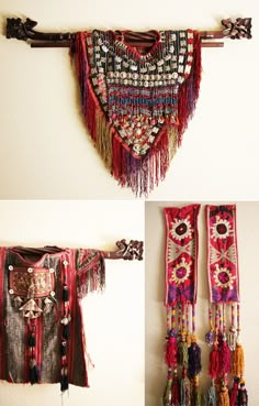 three pictures of different types of scarves hanging on the wall, one with fringes and beads