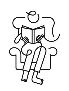 a black and white line drawing of a person sitting on a chair reading a book