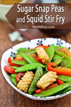 sugar snap peas and squid stir fry in a bowl