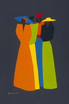 three women in colorful dresses with hats on their heads