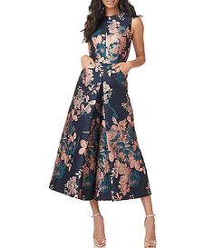 jacquard dress | Dillard's Kay Unger Dresses, Formal Jumpsuit, Kay Unger, Cropped Wide Leg Pants, Dress Rental, Pants With Pockets, Tea Length Dresses, Jacquard Dress, Floral Jacquard