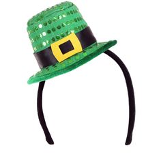 Ensure your costume shines like the gold you're keeping at the end of a rainbow when you cap it off with this Sequin Mini Leprechaun Hat Headband! The pint-sized top hat is fiber-filled, giving it a cartoony-cute look. Meanwhile, a decorative black band, felt buckle, and a shimmering sequin top layer. Attached to a flexible plastic headband, the little hat sits easily on its wearer's head. Adjustable Gold Costume Hats For Halloween, Adjustable Gold Halloween Costume Hats And Headpieces, Adjustable Gold Halloween Costume Hats, Adjustable Christmas Costume Hats, Adjustable Gold Hat For Costume Party, Gold Adjustable Hat For Costume Party, Adjustable Gold Hat For Carnival, Adjustable Cap Mini Hats For Costume Party, Adjustable Holiday Costume Hats