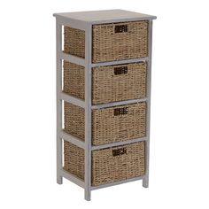 three wicker baskets are stacked on top of each other in this grey and white cabinet