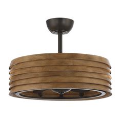 a wooden light fixture with an iron base and wood strips on the bottom, hanging from a ceiling fan