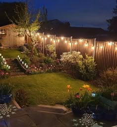 an outdoor garden with lights on the fence and potted plants in the foreground