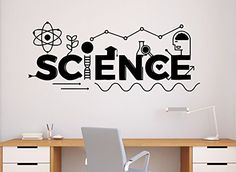 the science wall decal is shown in an office space with a desk and chair