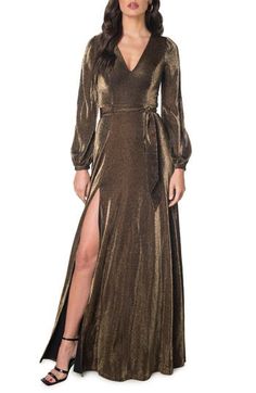 Gold Gown Dress, High Skirt, Metallic Gown, Gown Gold, Gold Gown, Maxi Styles, Dreamy Dress, Dress The Population, Gowns Of Elegance