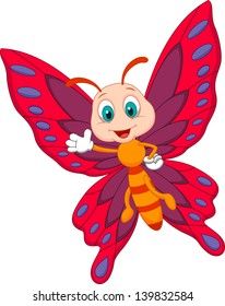 cartoon butterfly with big blue eyes and purple wings, flying in the air on white background