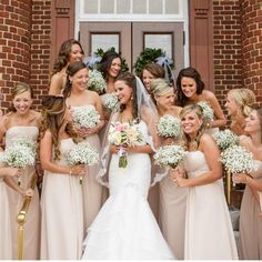 a bride and her bridal party posing for a photo