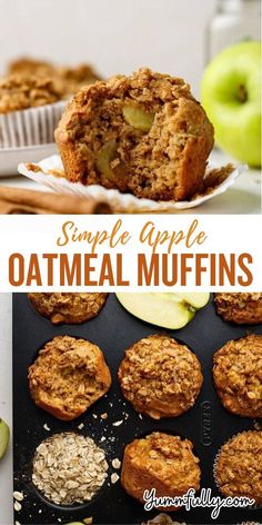 apple oatmeal muffins with apples in the background and an image of some