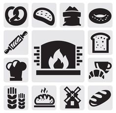 black and white icon set of bread, buns, hotdogs, butter