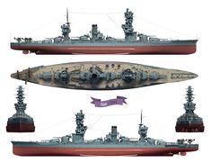 three views of the same type of battleship