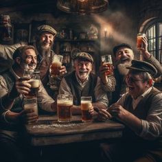 a group of men sitting around a wooden table with beers in their hands and smiling at the camera