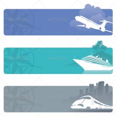 three different banners with an airplane and a boat in the ocean - miscellaneous objects illustrations