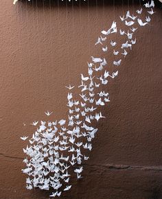 a flock of white birds flying over a wall