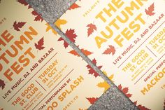 three autumn festival flyers with orange and yellow leaves