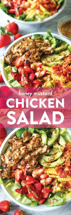 chicken salad with strawberries and avocado on the side is featured in this recipe