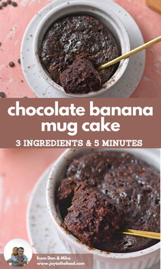 chocolate banana mug cake recipe with 3 ingredients and 5 minutes to make it in the microwave