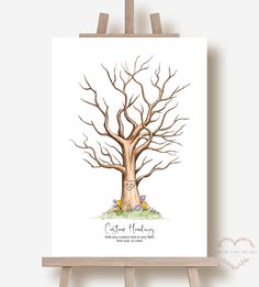 an art print of a tree with leaves and branches on it, in front of a ease