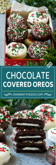 chocolate covered oreos with white and green sprinkles