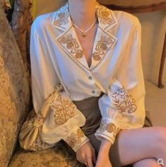 Women‘s Shirts French Vintage Casual Embroidered Shirt Balloon Sleeve Spring | eBay Women Blouses Fashion, Elegant Embroidery, Floral Embroidered Top, Long Sleeve Floral Top, Elegant Blouses, Inspired Outfits, Vintage Shirt, Vintage Shirts