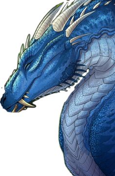 a blue dragon with long horns and sharp fangs on it's head, looking to its left