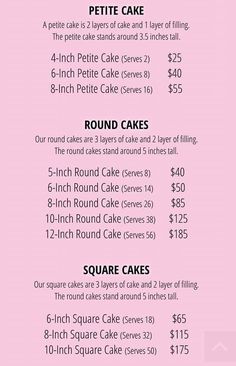 a pink menu with different types of cakes